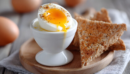 Soft boiled brown egg and toast bread in eggcup on wooden table background. Close up. Healthy breakfast