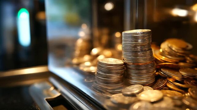 Close-up view of vending machine filled with shiny coins, creating warm inviting atmosphere, currency collection display, metallic coin arrangement, payment system interior,