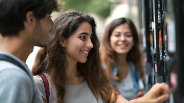 Friends debating snack choices by vending machine on campus, student refreshment decision, college campus scene, peer discussion moment, casual group gathering, faceless students