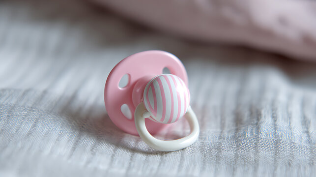 Close-up of a charming pink infant pacifier with white stripes, gently repose on a soft, textured fabric surface, evoking tender child care themes