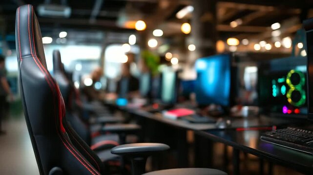 Modern gaming room filled with high-end computer setups, vibrant RGB lighting, gaming culture with technology, area packed with desktop computers and gaming chairs, monitors