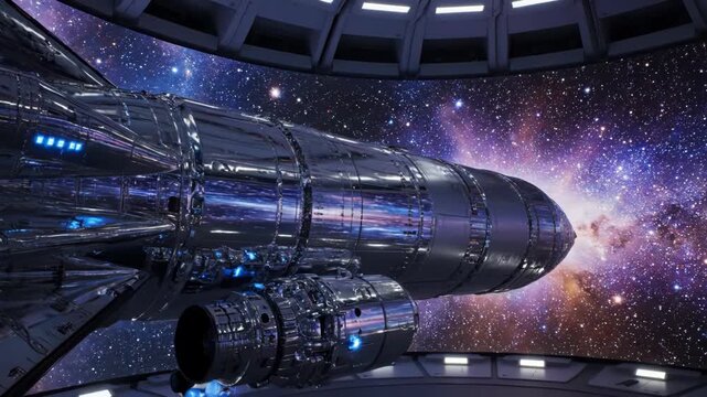 Futuristic spaceship in space station with starry galaxy background