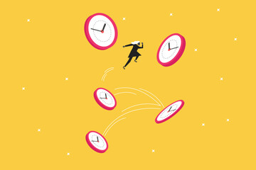Fototapeta premium Business woman jumping across floating targets in an arc, representing teamwork, agility, group collaboration, and successful collective goal achievement