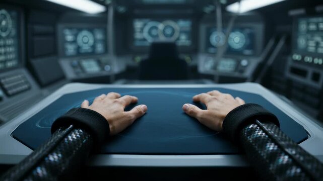 First person POV of pilot hands interacting with a glowing blue holographic interface on a high-tech control panel inside a dark futuristic spaceship cockpit or command center.