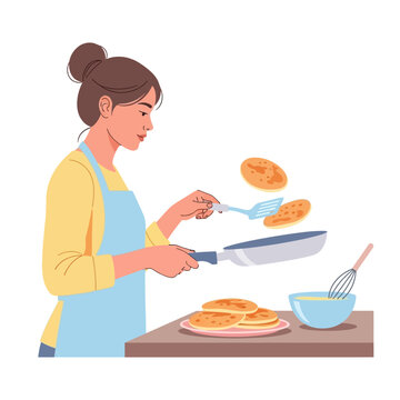 Woman Flipping Pancakes on Frying Pan, Breakfast Cooking, Homemade Food Illustration