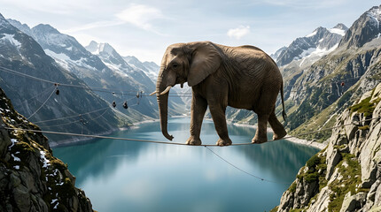 Fototapeta premium African elephant walking on a tightrope across a mountain canyon
