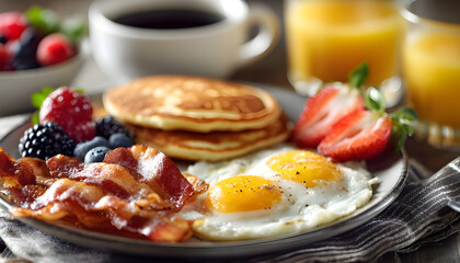 Close-Up of a Classic American Continental Breakfast Featuring Eggs, Bacon, Toast, Pancakes, Fresh Fruit, Coffee, and Juices, Showcasing a Hearty, Delicious, and Inviting Morning Meal