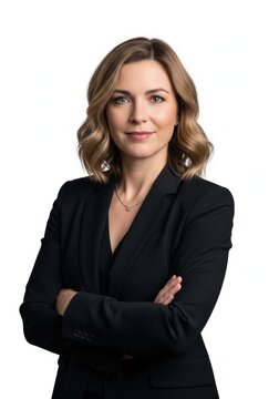 Professional woman in black blazer posing confidently with arms crossed