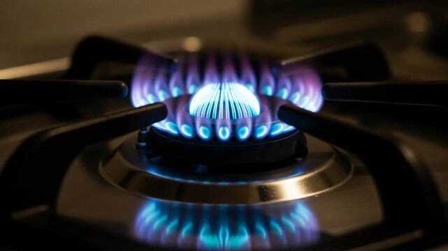 A gas stove burner emits vibrant blue and purple flames in a dark kitchen setting with the stove's metal surface reflecting the light.