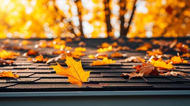 Autumn leaves fall on a roof with trees in the background during daytime.