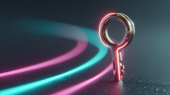Digital key with neon light trails symbolizes digital literacy and secure access in modern technology