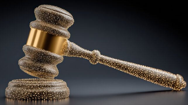 Ornate judicial gavel rendered with glowing digital wireframe structure rests near its sounding block