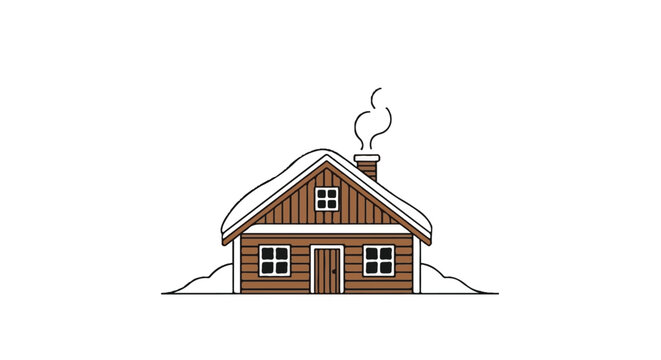 A cozy cabin house stands alone in a snowy landscape with smoke rising.