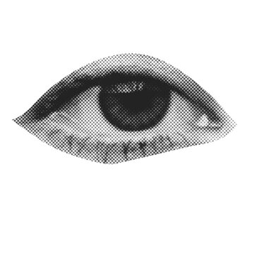 Single Human Eye Looking Forward Halftone Cutout, Black and White Graphic Element