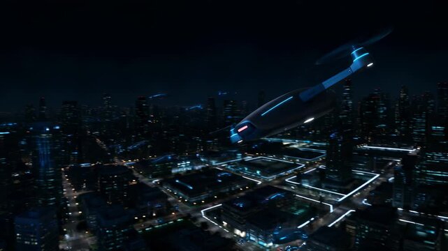Cinematic swarm of futuristic drones flying and navigating around a glowing blue neon skyscraper in a dark cyberpunk city of the future with advanced technology and urban lights.