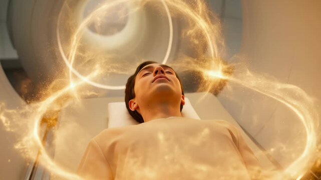 Patient lying in a futuristic medical scanner with golden energy rings and glowing particles swirling around their head, symbolizing brain mapping, consciousness, and healing.