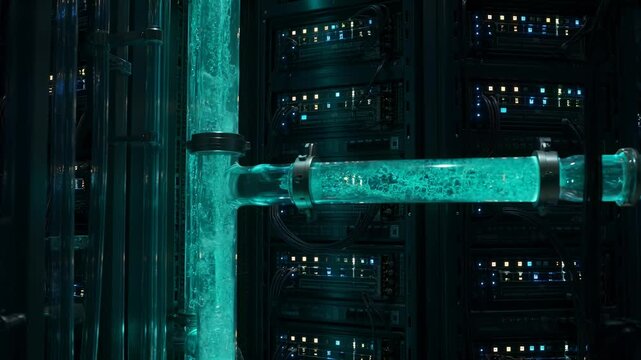 Futuristic Data Center Server Room with Advanced Liquid Cooling System Featuring Bubbling Turquoise Fluid in Transparent Pipes and Blinking LED Lights in a Dark High-Tech Facility