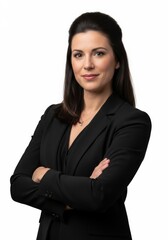 Obraz premium Professional woman in a black blazer posing confidently with arms crossed