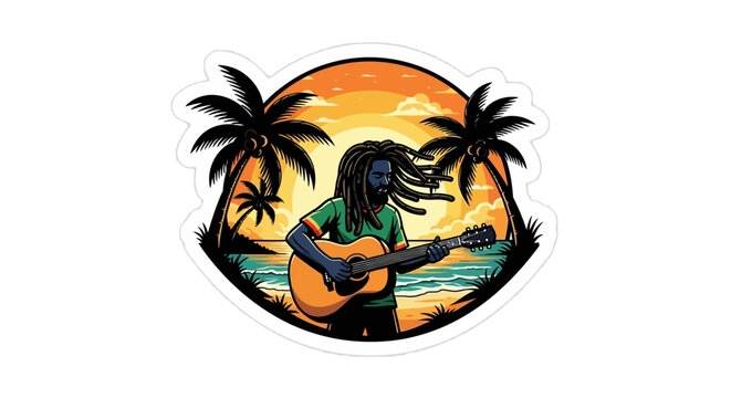 Man with dreadlocks playing guitar on a tropical beach at sunset