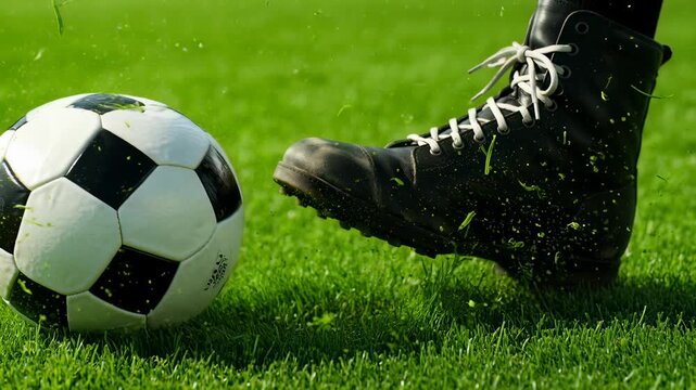 Close up of a heavy black boot stepping down with force on a soccer ball on a green grass pitch, grass and dirt flying as the ball compresses under the intense pressure and impact.