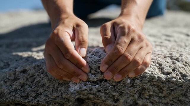 Close-up of a rock climber's hands coated in white magnesium carbonate chalk gripping a rugged granite stone during an intense bouldering session under bright sunlight.