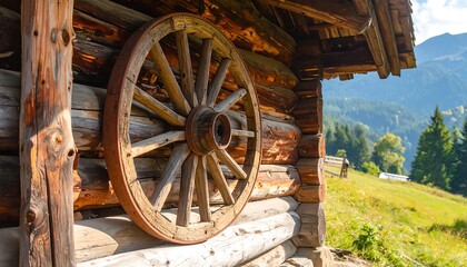 Fototapeta premium A rustic wooden cabin with a wagon wheel in a serene natural setting