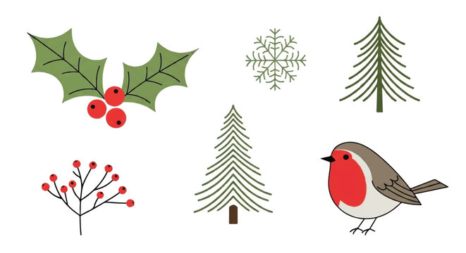 A vibrant robin perches beside festive holly and snowflakes amidst evergreen trees and red berries.