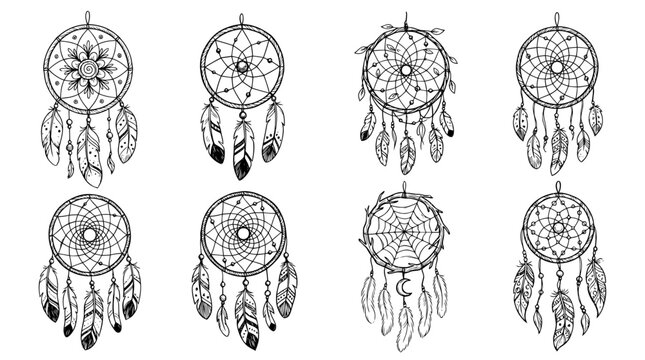 dreamcatcher, Hand-drawn outline doodle sketches vector set collection , white background , PNG and SVG isolate