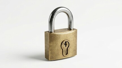 Naklejka premium A shiny brass padlock with a silver u-shaped shackle on a plain white background