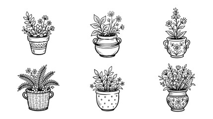 Naklejka premium flower pot, Hand-drawn outline doodle sketches vector set collection , white background , PNG and SVG isolate