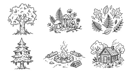 Obraz premium forest, Hand-drawn outline doodle sketches vector set collection , white background , PNG and SVG isolate