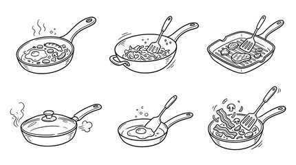 frying pan, Hand-drawn outline doodle sketches vector set collection , white background , PNG and SVG isolate