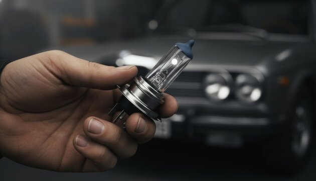 Hand holding a halogen headlight bulb for a classic car.