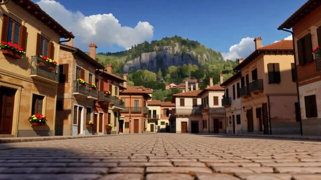 A serene, empty cobblestone street in a quaint town with buildings and a mountain