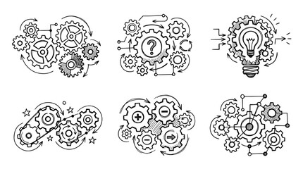 Fototapeta premium logical gear, Hand-drawn outline doodle sketches vector set collection , white background , PNG and SVG isolate