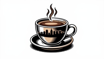 Obraz premium Steaming hot coffee cup with city skyline design isolated on white background illustration for relaxation break and urban lifestyle