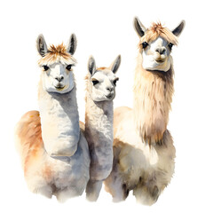 Fototapeta premium Watercolor illustration of three alpacas standing close together on a white background