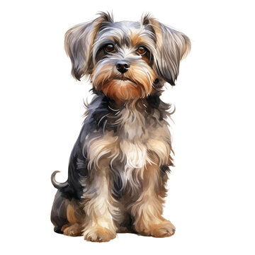 Cute yorkie poo dog sitting down in a watercolor style illustration