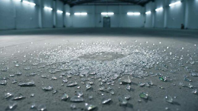 Dramatic slow motion of glass shattering and exploding on a concrete floor in a dimly lit industrial warehouse with cool blue lighting, shards flying and scattering after impact.