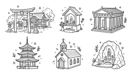 Obraz premium shrine, Hand-drawn outline doodle sketches vector set collection , white background , PNG and SVG isolate