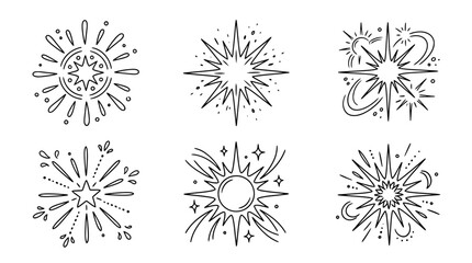 Obraz premium sun flare, Hand-drawn outline doodle sketches vector set collection , white background , PNG and SVG isolate