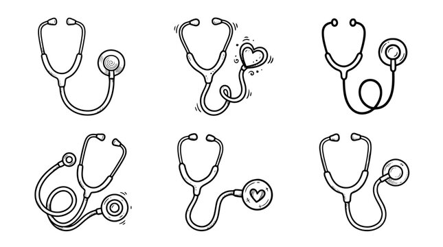 stethoscope, Hand-drawn outline doodle sketches vector set collection , white background , PNG and SVG isolate