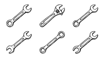 Naklejka premium wrench spanner, Hand-drawn outline doodle sketches vector set collection , white background , PNG and SVG isolate