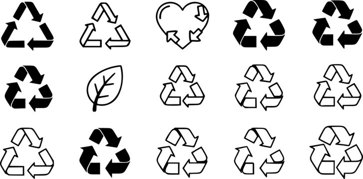 Recycle vector icon set. Arrows, heart and leaf recycling eco green symbol. Rounded angles. Recycled signs illustration isolated on white background.
