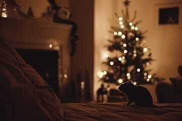 Fototapeta premium Cozy dimly lit living room with a silhouetted mouse on a bed and a decorated christmas tree bokeh in background