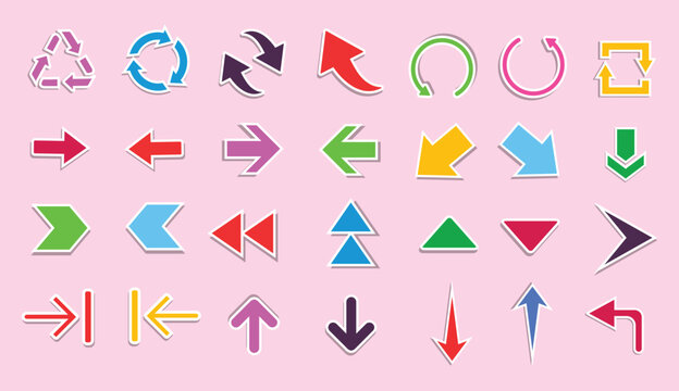 This is a colorful arrow stickers collection. Colorful directional symbols, curved, straight, and circular arrow shape pointers for next, loop, back, turn and twist directions isolated vector set.