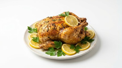 Roasted chicken on a white plate garnished with fresh parsley and lemon slices on a clean white background.
