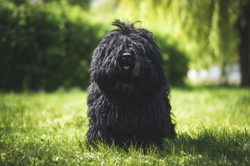 Black fluffy puli dog sitting on grass in sunlit park, shaggy corded coat covering eyes, relaxed outdoor pet portrait