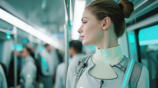 女性が近未来の車内でテックウェアをまとい静かに立つ