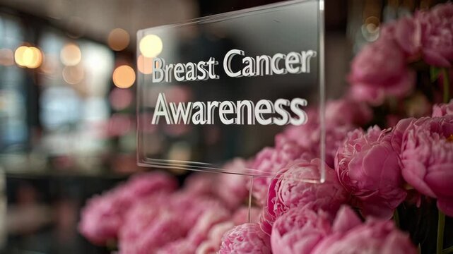 Close up of a clear Breast Cancer Awareness sign displayed among beautiful pink blooming peony flowers with a warm blurred bokeh background.